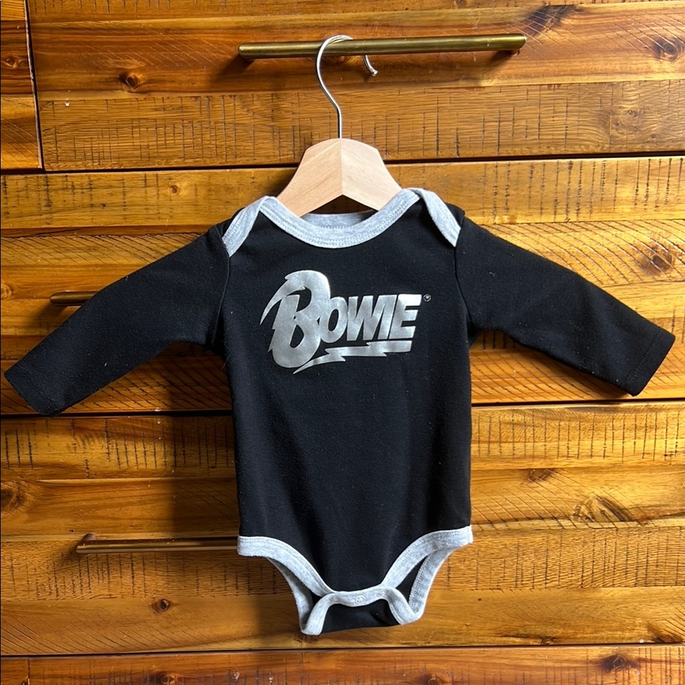 David Bowie Baby Black Silver Long Sleeve Cotton Metallic Logo Print Bodysuit
